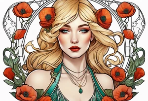 Art nouveau blond woman poppy tattoo idea