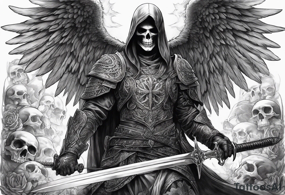 realistic angel of death, full body, no face visible, holding one sword in both hands, sword pointing downwards, skulls lying on the ground tattoo idea
