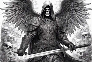 realistic angel of death, full body, no face visible, holding one sword in both hands, sword pointing downwards, skulls lying on the ground tattoo idea