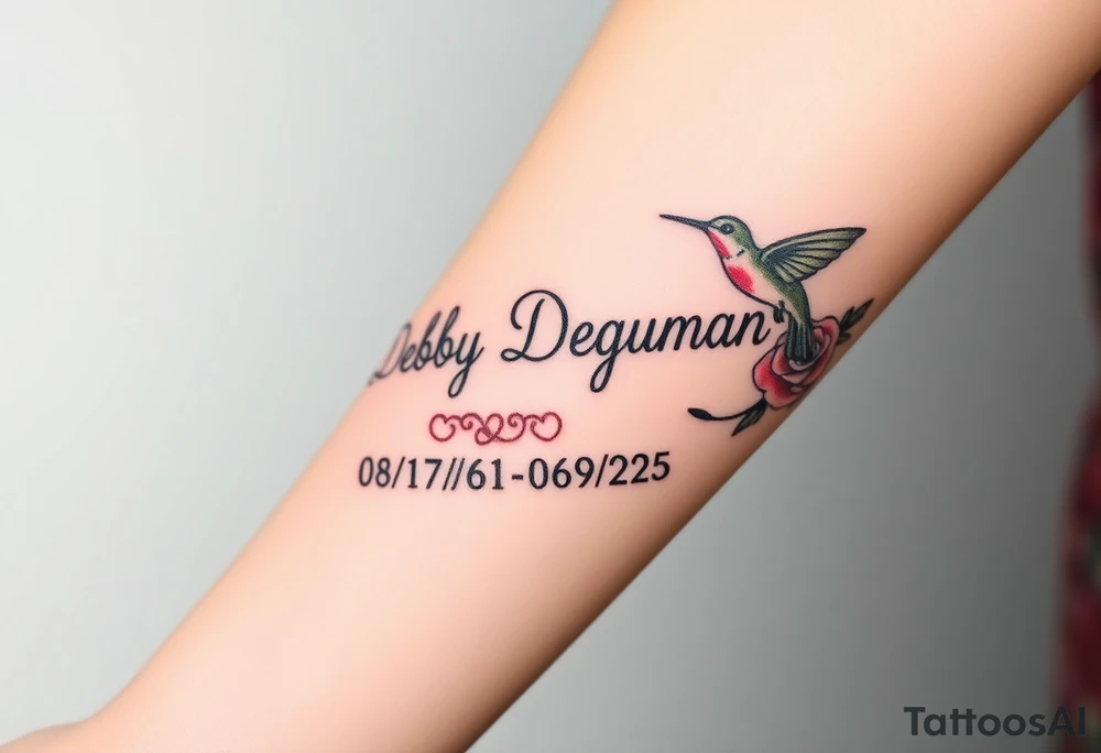 Tattoo of the exact name Debby Deguzman in chunky curly cursive with the exact dates of 08/17/61-05/29/25 surrounded by 1 hummingbird and 1 rose tattoo idea