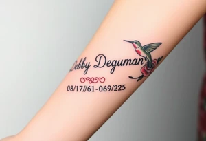 Tattoo of the exact name Debby Deguzman in chunky curly cursive with the exact dates of 08/17/61-05/29/25 surrounded by 1 hummingbird and 1 rose tattoo idea