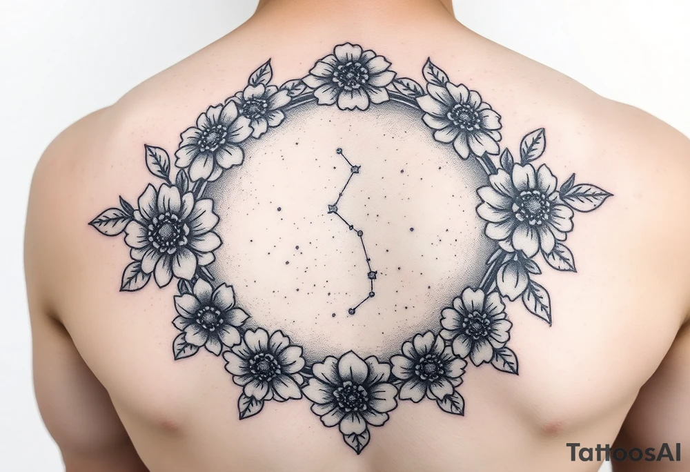 Night sky with a constellation seen through a floral frame tattoo idea Night sky with a constellation seen through a floral frame tattoo idea