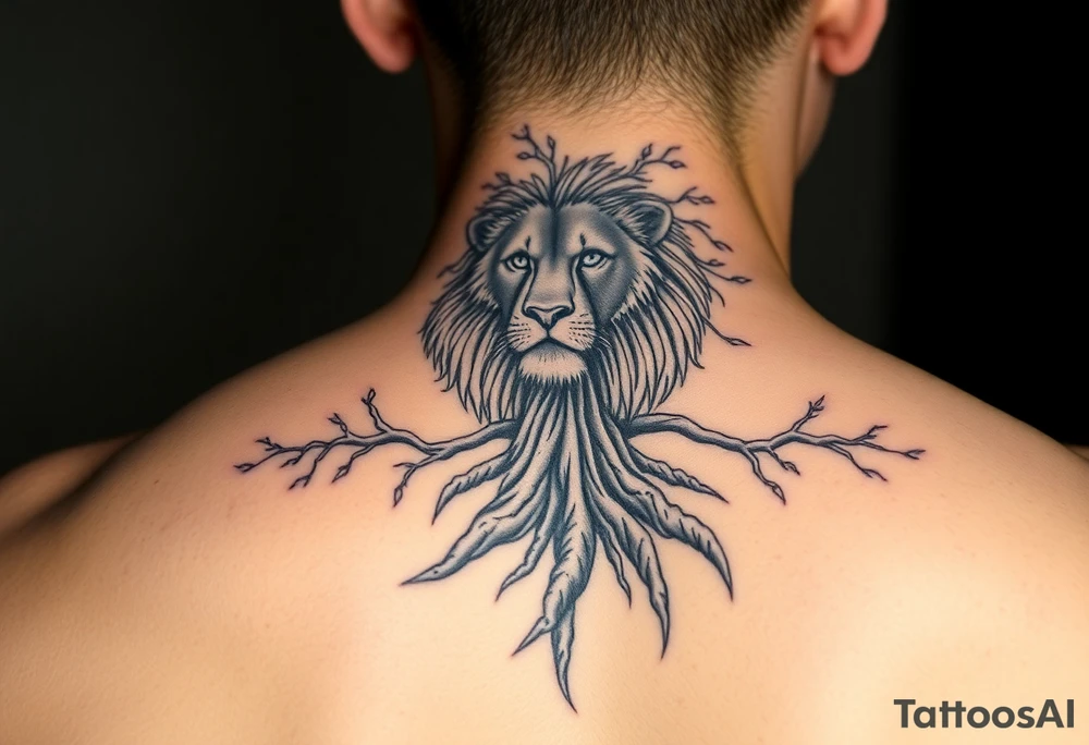 powerful majestic lion with a tree with big root tattoo idea
