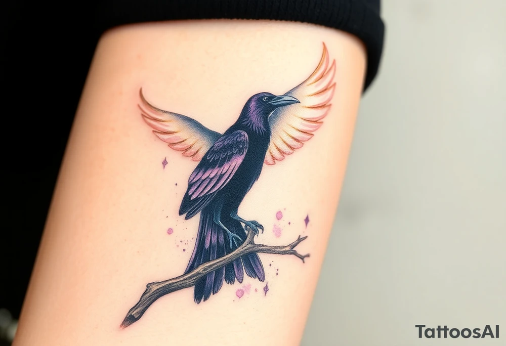 A pure white dove, soaring with soft golden light in its wings, is sharply contrasted with a black raven, its feathers shimmering in deep purples and blacks, perched ominously on a gnarled branch, symbolizing the tension between peace and darkness. tattoo idea