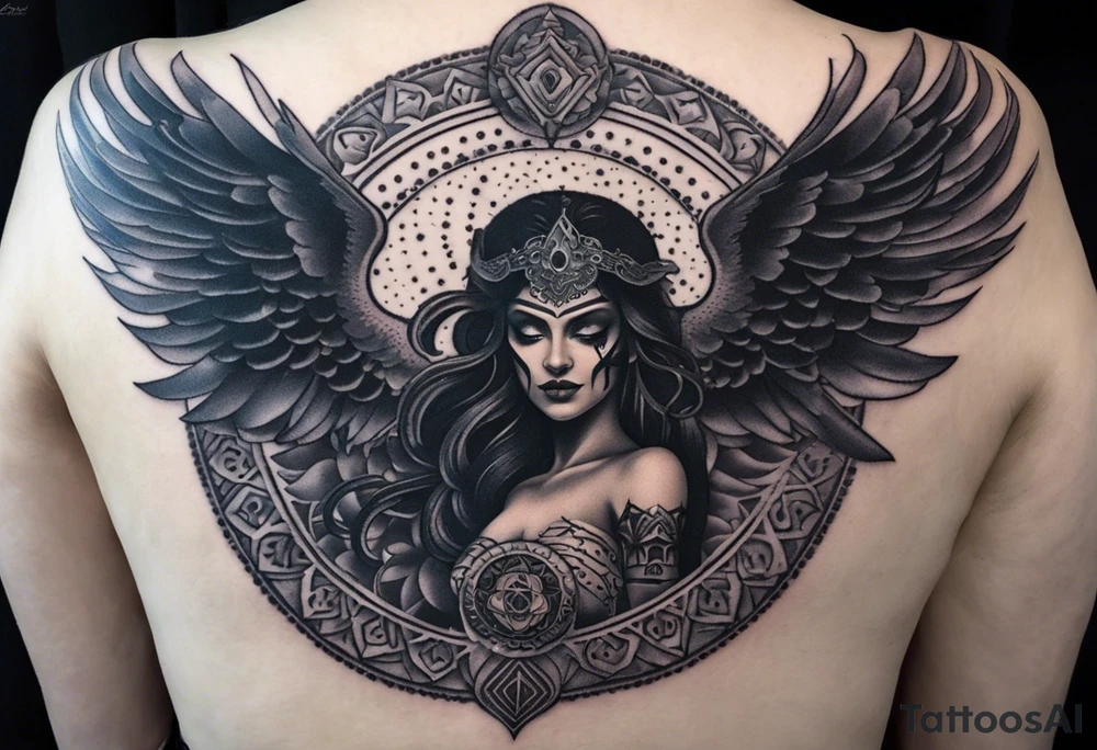 black kali, goddess pirate, alien, angel, pachamama, valkrye, warrior, flying, skull, lotus azul, wing, eagle, zenza resonance, stars, 5D, anahata chakra, death, durga, riding on a tiger, flying lady, chest tatoo tattoo idea