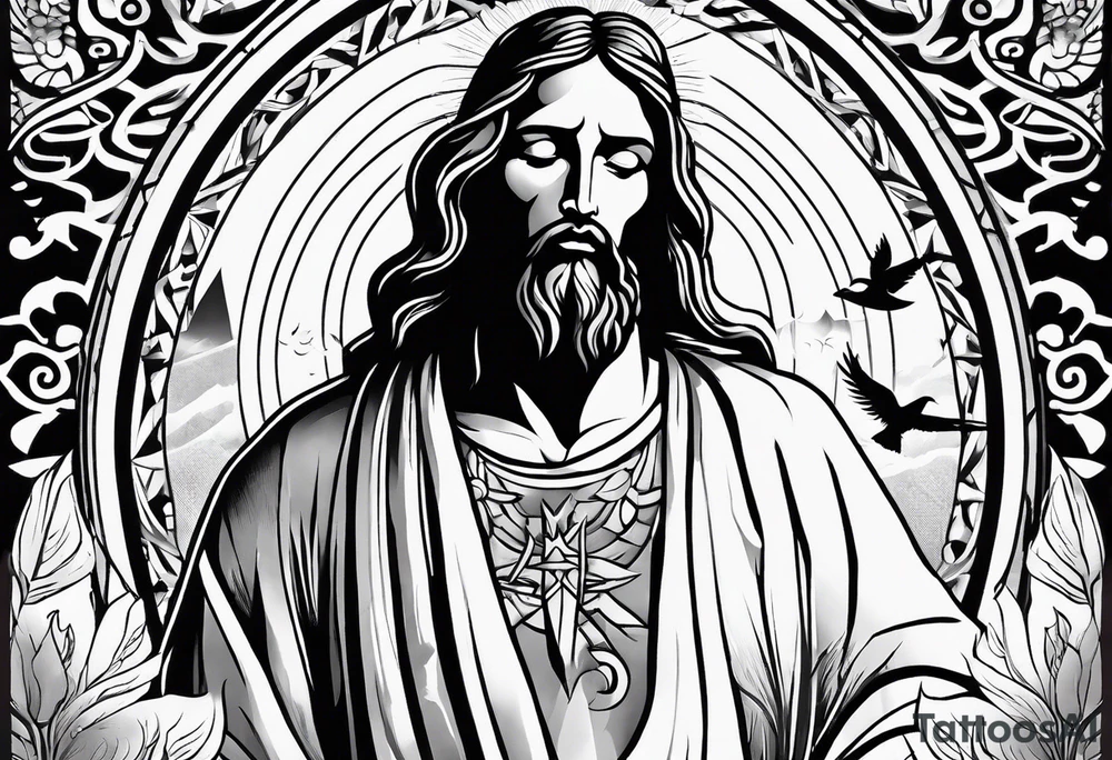 Jesus standing looking down with clouds, sunshine and a dove in the background on the upper arm tattoo idea