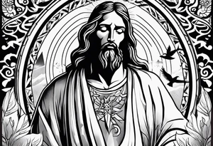 Jesus standing looking down with clouds, sunshine and a dove in the background on the upper arm tattoo idea