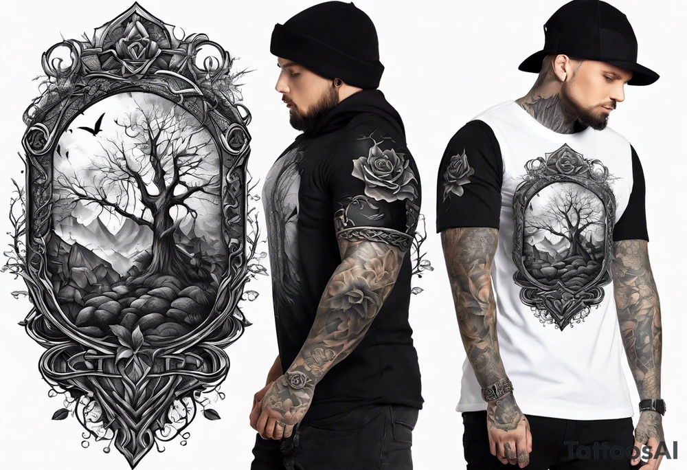 tattoo fool sleeve, old broken gothic castle, broken sword, tree roots break out of the chains, roses tattoo idea