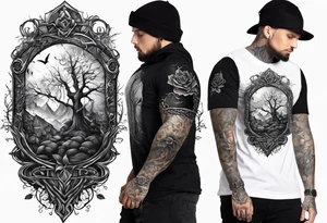 tattoo fool sleeve, old broken gothic castle, broken sword, tree roots break out of the chains, roses tattoo idea
