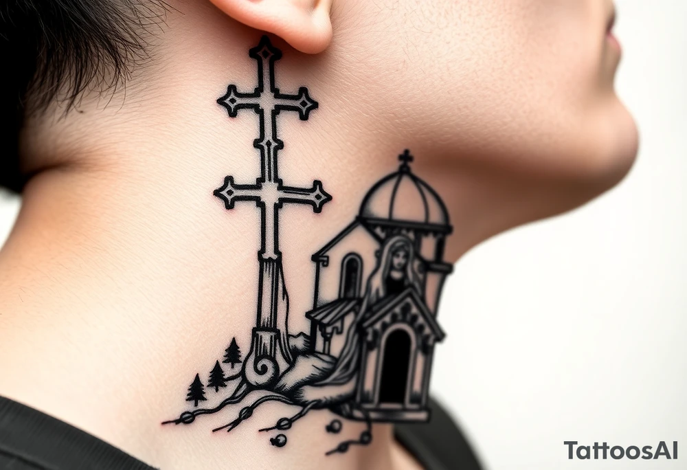 russian design traditional christian orthodox cross with a virgin mary stood beside the entrance of a russian orthodox dome church on the side of the neck in a wilderness setting with the design spread out the side of the neck tattoo idea