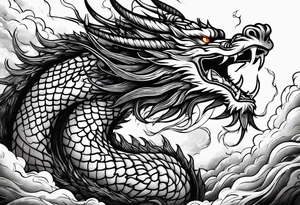chinese dragon blowing fire while flying through a thunderstorm tattoo idea
