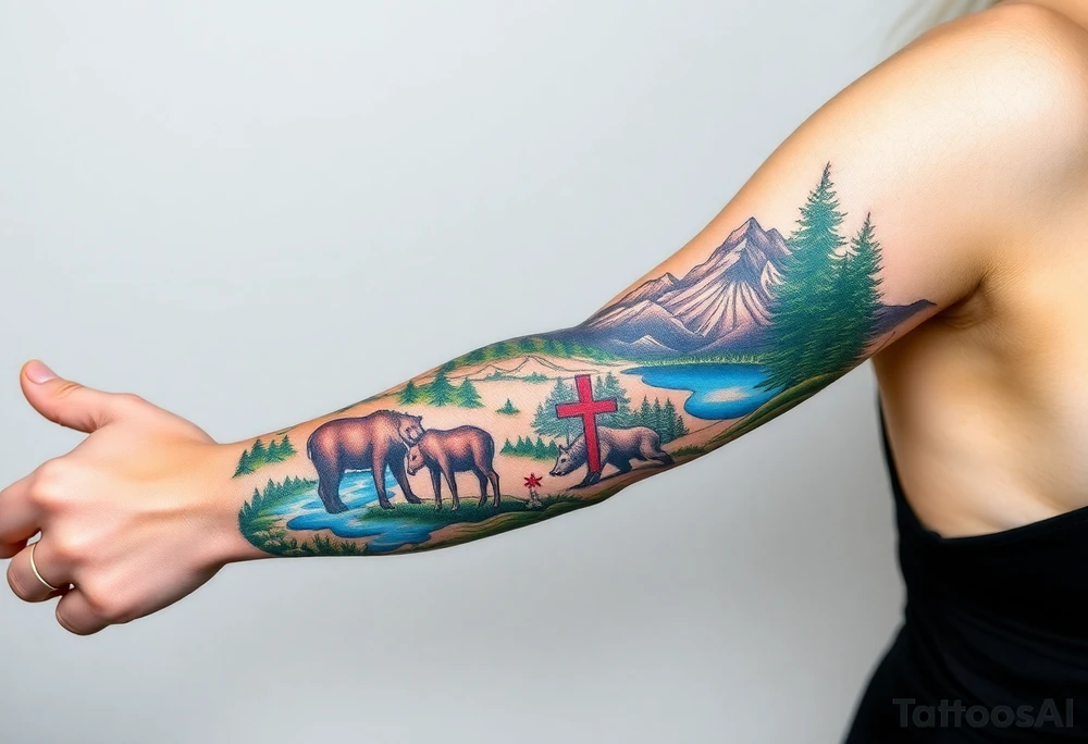 A full-sleeve with the Härjedalen landscape, reindeer, bear, lakes, mountains (Helags), cross and Härjedalen's coat of arms on the hand tattoo idea