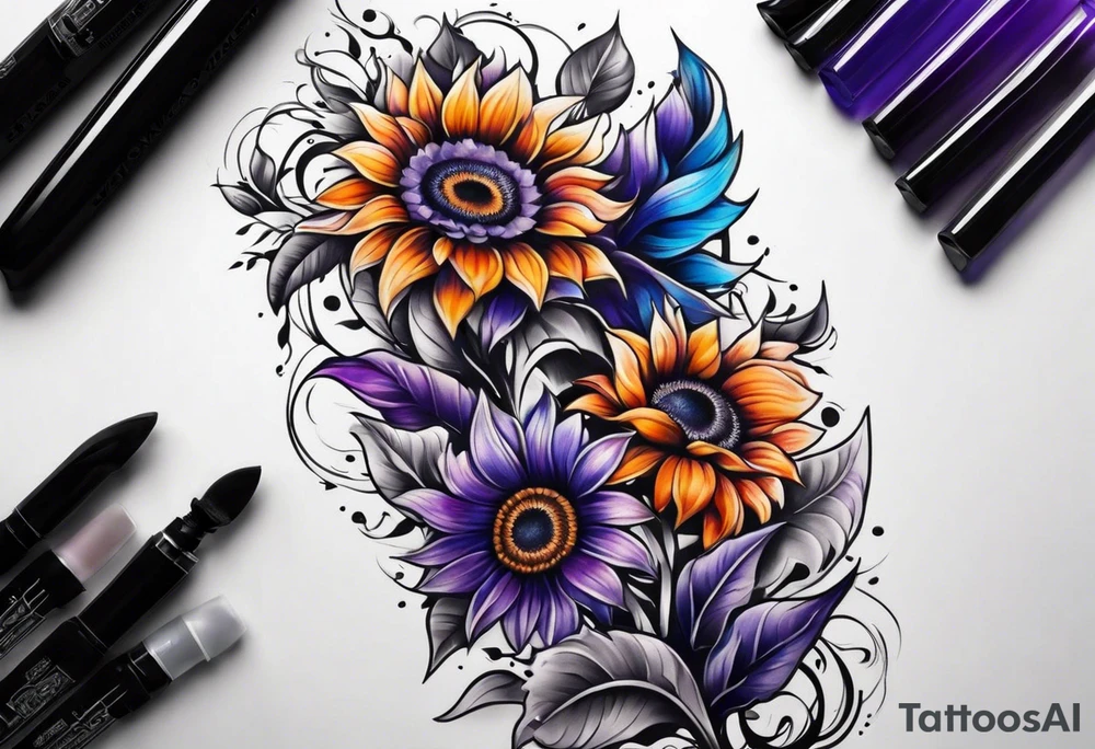 Full leg sleeve with purple, orange and blue sunflowers tattoo idea