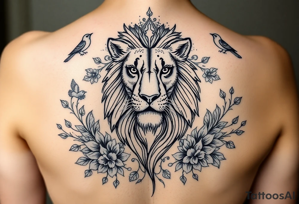 powerful majestic lion with a crown, surrounded by floral ornaments and birds tattoo idea