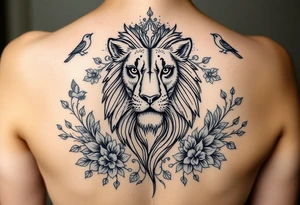 powerful majestic lion with a crown, surrounded by floral ornaments and birds tattoo idea