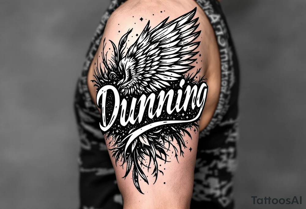 Dunning, Details include on left arm, name in white color,angel wing, wet jungle leaves,cool font, galaxy background filling, tattoo idea