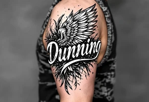 Dunning, Details include on left arm, name in white color,angel wing, wet jungle leaves,cool font, galaxy background filling, tattoo idea