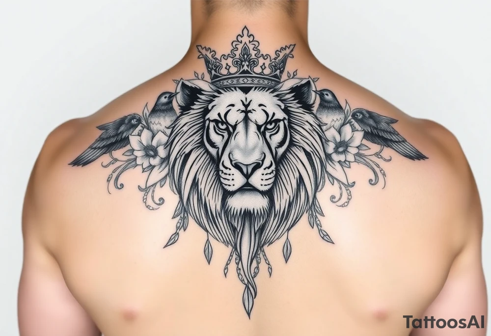 powerful majestic lion with a crown, surrounded by floral ornaments and birds tattoo idea