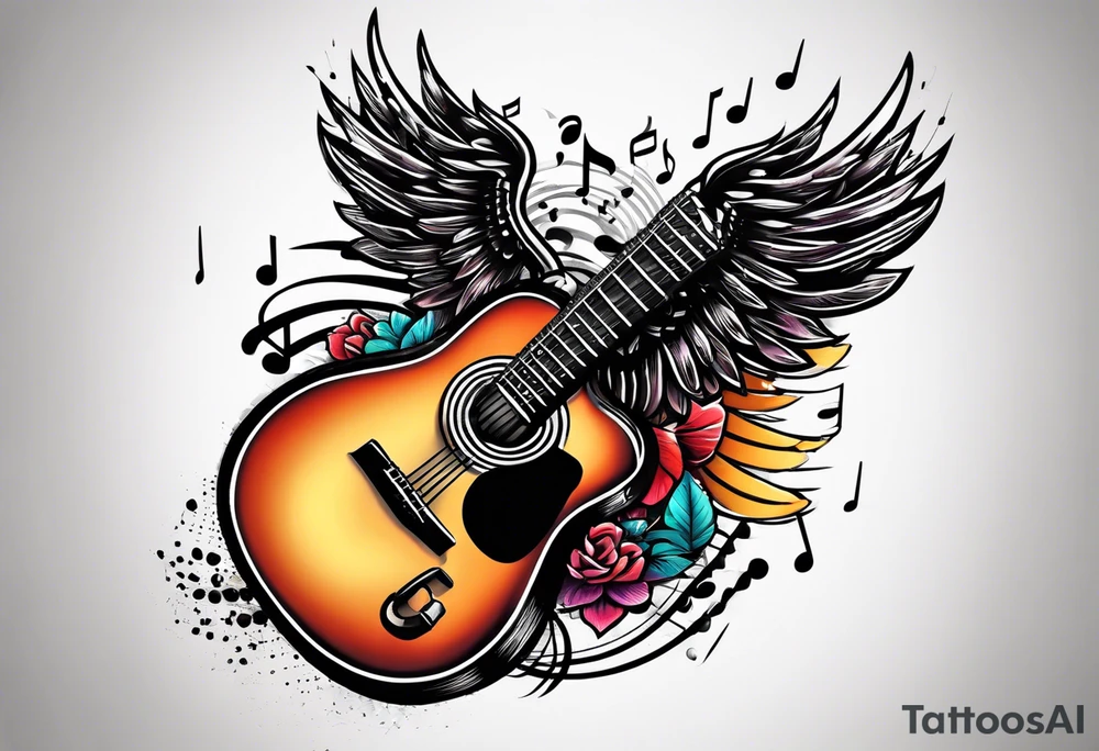 Microphone and musical notes and guitar and wings and country singer tattoo idea