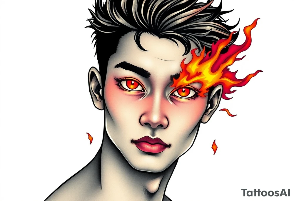 Handsome Asian young guy with burning eyes tattoo idea