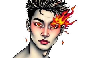 Handsome Asian young guy with burning eyes tattoo idea