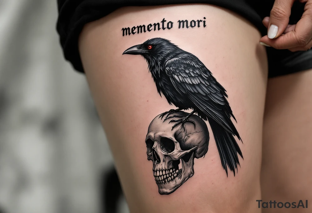 A dark gray raven perched on a human skull with deep red eyes, "memento mori" in handwritten blackletter across the top. tattoo idea