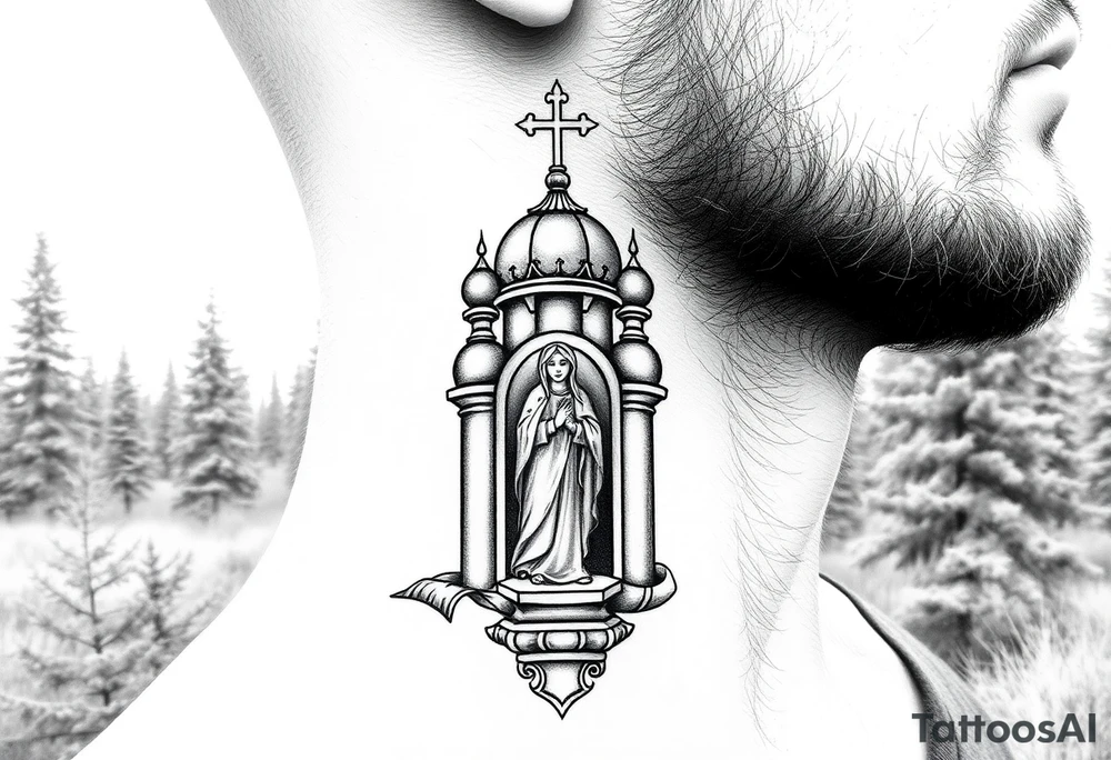 russian coat arms traditional christian orthodox cross with a virgin mary stood in the entrance of a russian orthodox dome church on the side of the neck in a wilderness setting tattoo idea