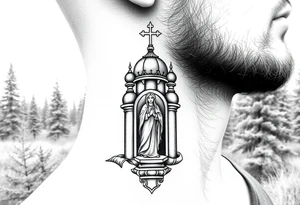 russian coat arms traditional christian orthodox cross with a virgin mary stood in the entrance of a russian orthodox dome church on the side of the neck in a wilderness setting tattoo idea