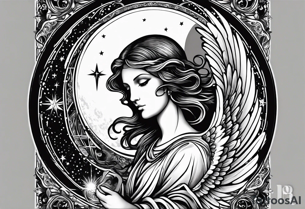 Guardian angel with a moon in the background. Something religious and some women 
eyes too. 2012 wrote 
in Roman numbers tattoo idea