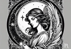 Guardian angel with a moon in the background. Something religious and some women 
eyes too. 2012 wrote 
in Roman numbers tattoo idea