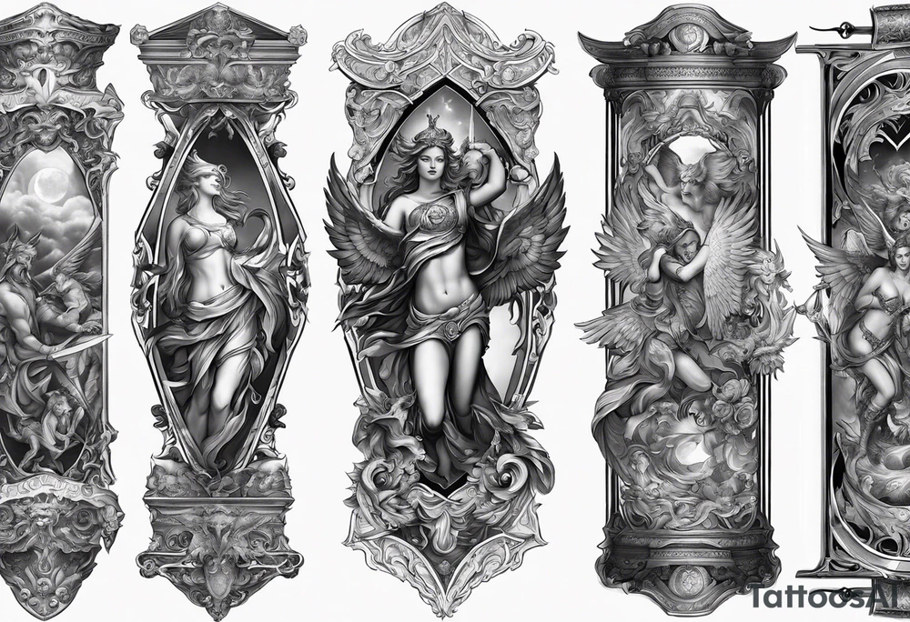 Craft a leg sleeve showcasing a pantheon of angels and demons from various mythologies, each with unique characteristics and symbolism, representing the duality of celestial beings. tattoo idea