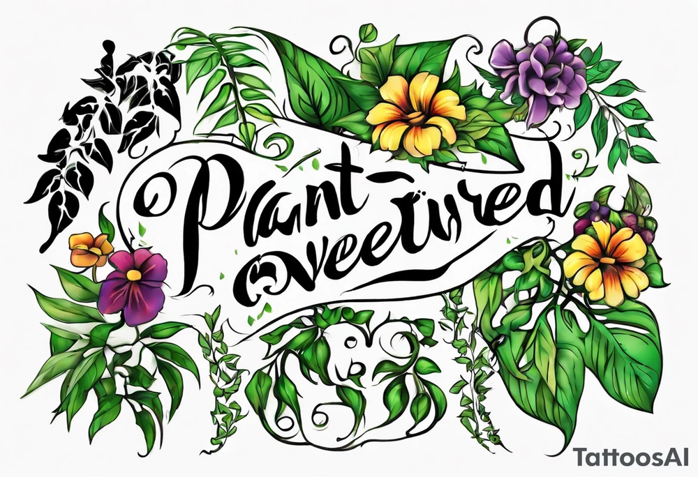 Words “Plant Powered” spelled out with plants and vines through out the words tattoo idea