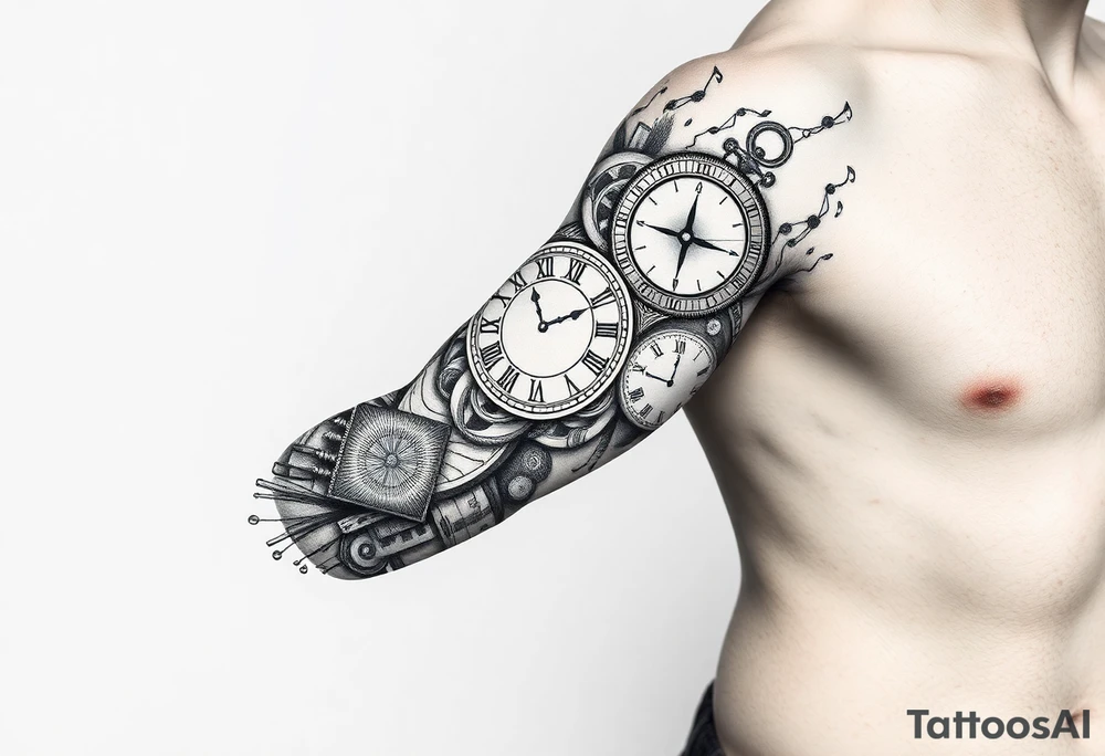 I want to create a sleeve for my left arm with elements if time and music and the dates 19.04.2019 and 28.01.2022 in Roman numerals tattoo idea