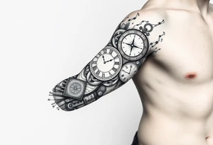 I want to create a sleeve for my left arm with elements if time and music and the dates 19.04.2019 and 28.01.2022 in Roman numerals tattoo idea