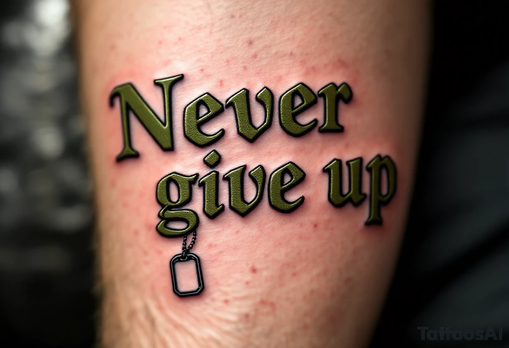 "Never give up" in military stencil font, in olive green with dog tags hanging from one letter. tattoo idea