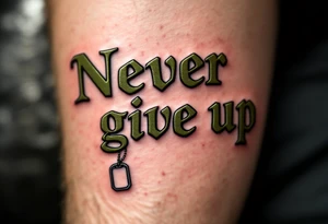 "Never give up" in military stencil font, in olive green with dog tags hanging from one letter. tattoo idea