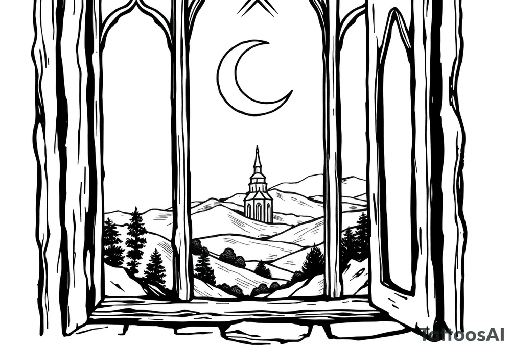 Tall church window with stained glass showcasing crescent moon over a hilly landscape as a fire burns in the distance tattoo idea