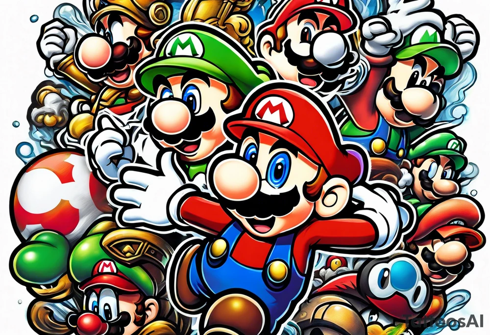 Mario brothers with ghosts and goombas with canons tattoo idea
