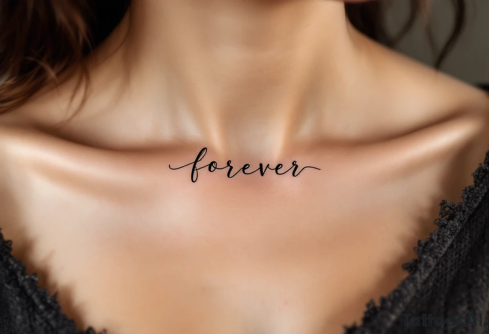 A minimalistic "forever" in delicate black ink across the collarbone, like a hidden promise. tattoo idea