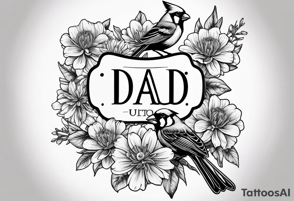 Aster flowers and sea rocket flowers with a cardinal around the words Dad tattoo idea