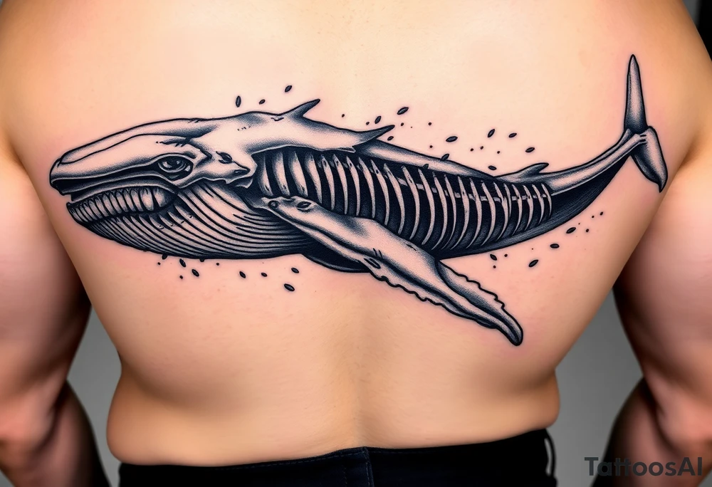 idea is basically a whale that's damaged and torn exposing the skeletal innerts, but it's still fiercely moving forward as hard as it can. generate one with elements of attack on titan and demon slayer and spirited away tattoo idea