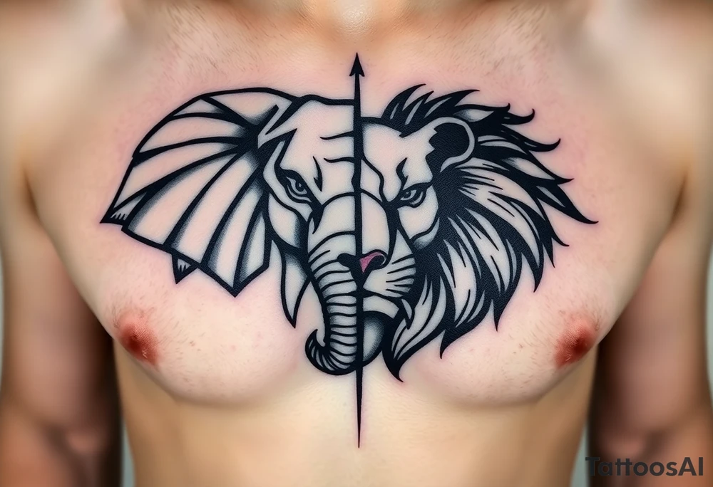 A half elephant half lion head divided by a vertical line on a ribcage using abstract geometric tattoo idea