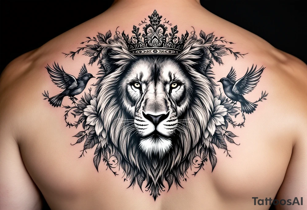 powerful majestic lion with a crown, surrounded by floral ornaments and birds tattoo idea