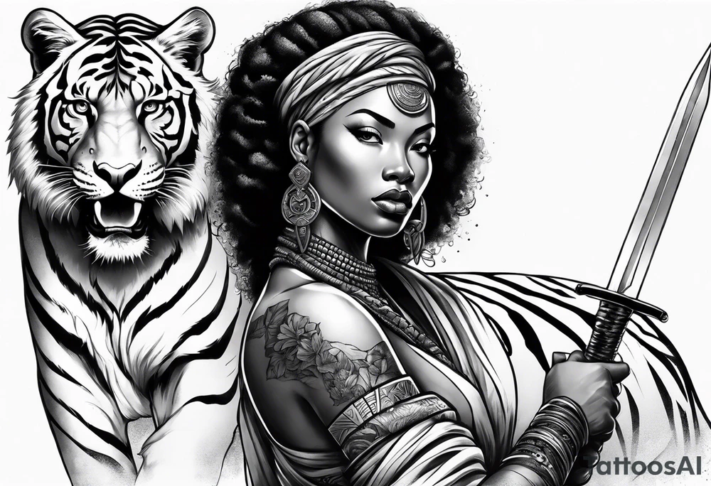 African goddess with sword Japanese traditional style full sleeve with tiger tattoo tattoo idea
