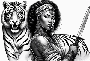 African goddess with sword Japanese traditional style full sleeve with tiger tattoo tattoo idea