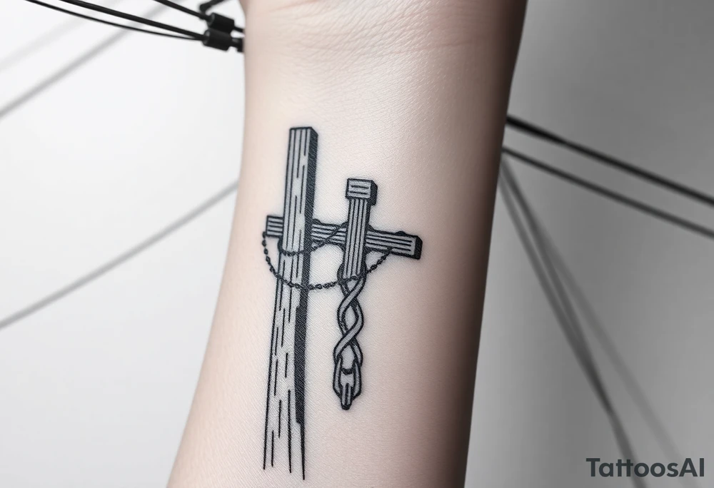 a wooden 12kv distribution pole with electrical lines. Make the pole a cross that has a hidden resemblance to god. tattoo idea