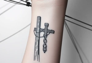 a wooden 12kv distribution pole with electrical lines. Make the pole a cross that has a hidden resemblance to god. tattoo idea