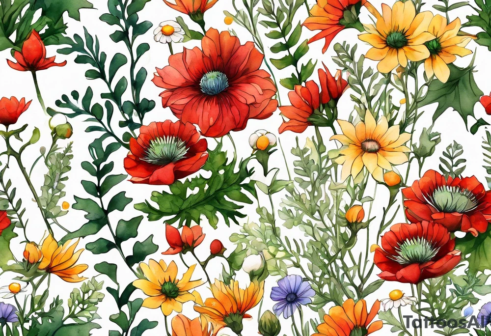 simple wildflowers cascading with thistles, ferns, white anemones, sun flowers, red flowers, green flowers, buttercups, orange flowers, babys breath and daisies all in watercolor tattoo idea