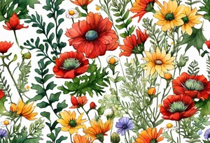 simple wildflowers cascading with thistles, ferns, white anemones, sun flowers, red flowers, green flowers, buttercups, orange flowers, babys breath and daisies all in watercolor tattoo idea