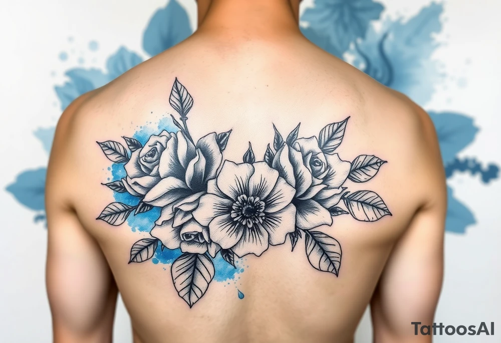 Black and white roses and carnations with blue watercolour behind feminine tattoo idea